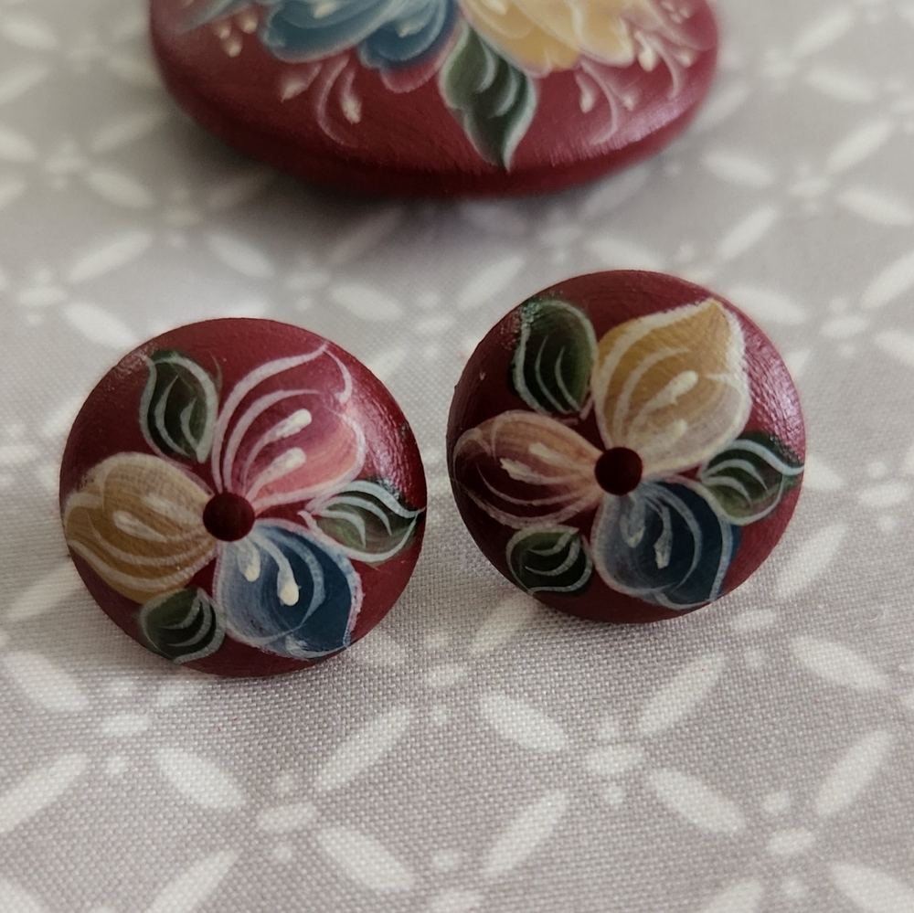 Hand Painted Red Floral Earrings and Pin Set - Picture 2 of 5